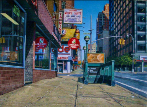 An oil painting depicted with great realism of a subway station entrance in the Bronx. The sidewalk is empty. The nearest buildings are Broadway Men's Suits, Famiglia Pizza. The street is empty, there are no cars in the intersection. The buildings continue on. 